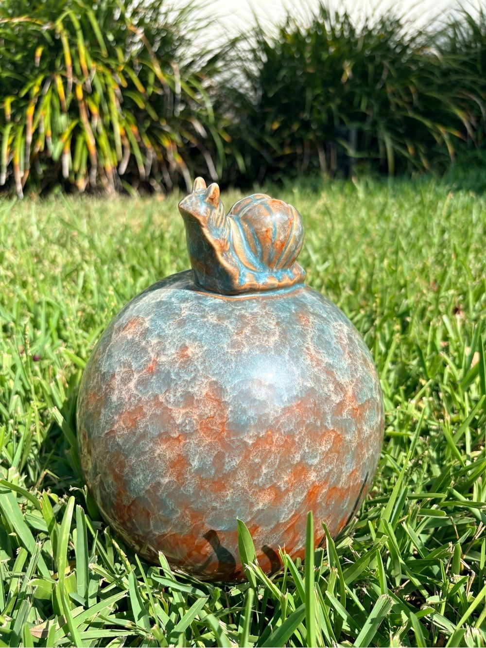 Handmade Drip Glazed Ceramic Snail Garden Sphere | Artisan Yard Decor | 9" Tall